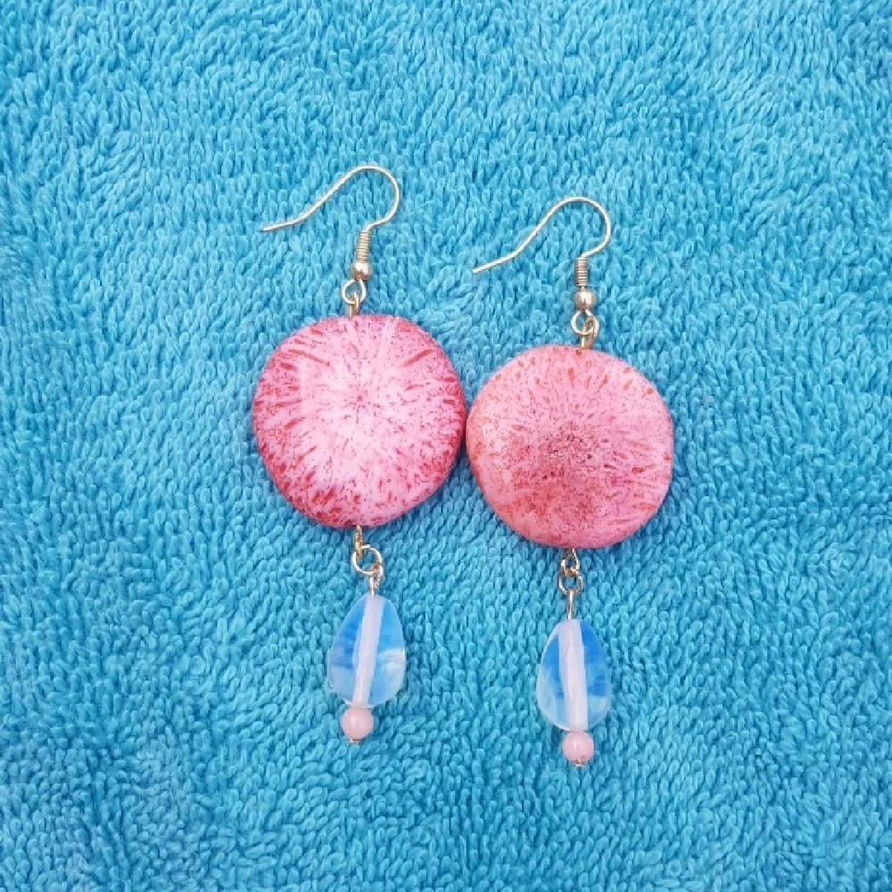 Patch & Roam Fossilized Pink Coral dangle earrings teardrop opalite nickel free - Picture 4 of 5